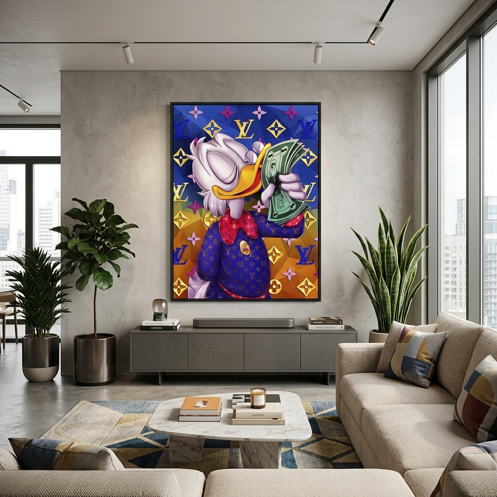 Inspirational Canvas Wall Art Print Scrooge with a bundle of dollars on a yellow and blue background Chanel