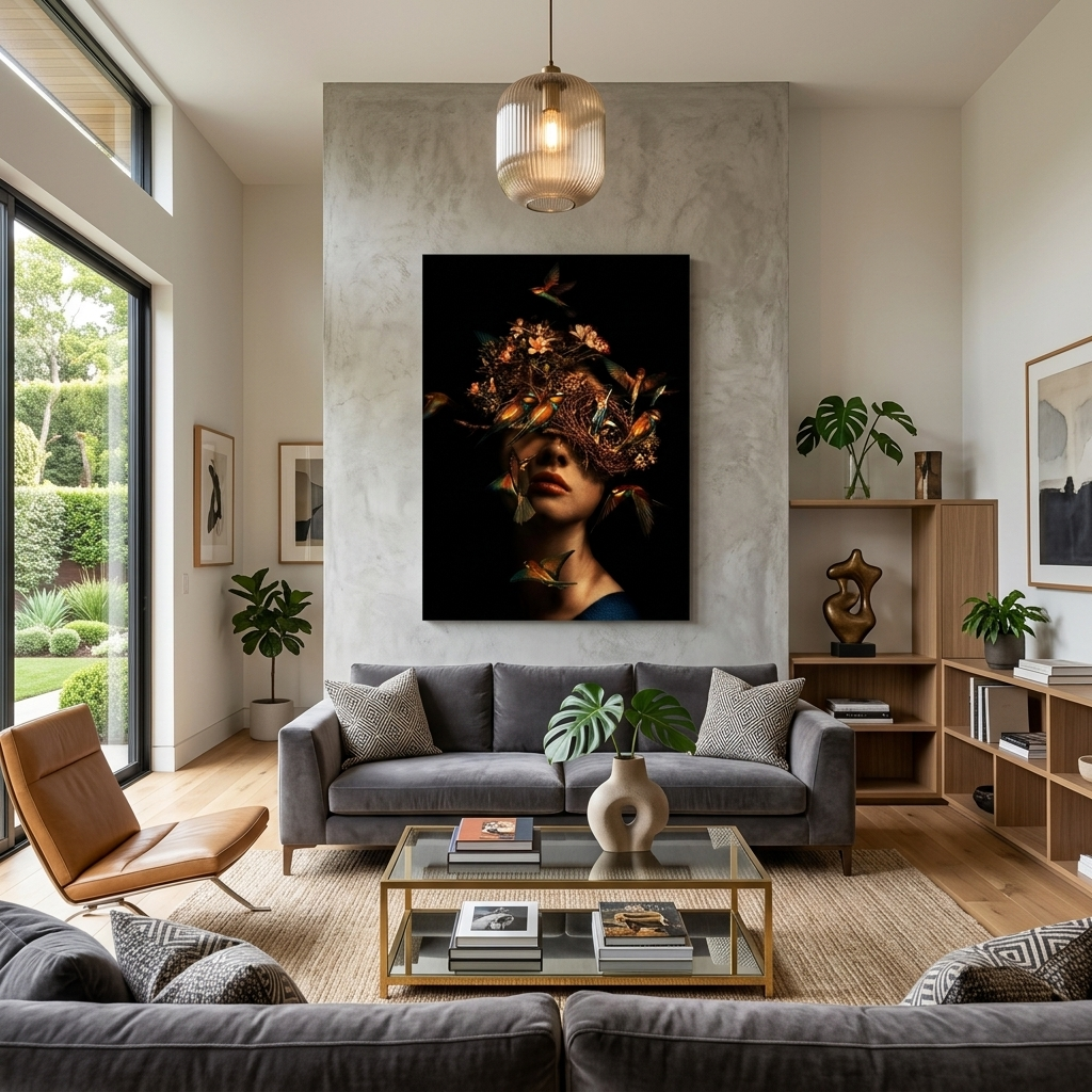 Interior The girl with the bird's nest on her head Canvas Wall Art Print