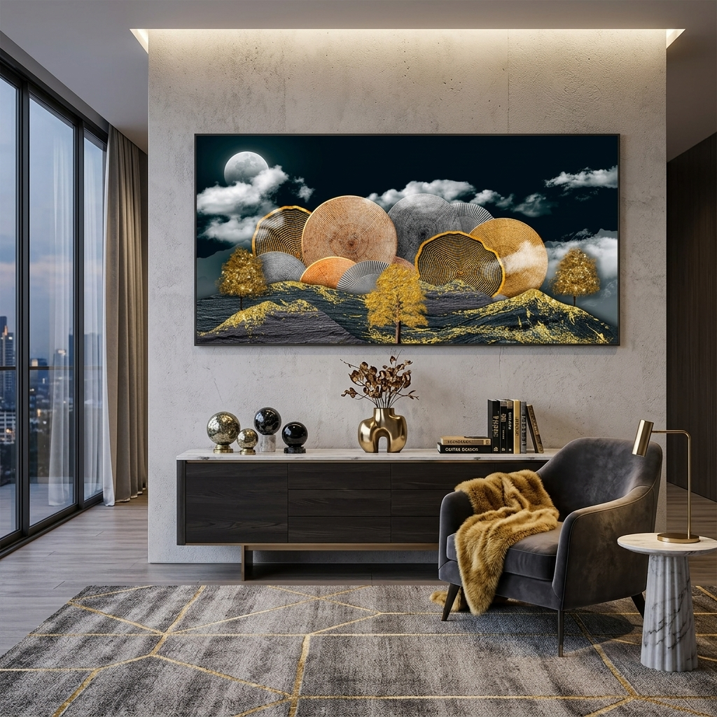 Mountain trees in gold and gray colors Abstraction Canvas Wall Art Print