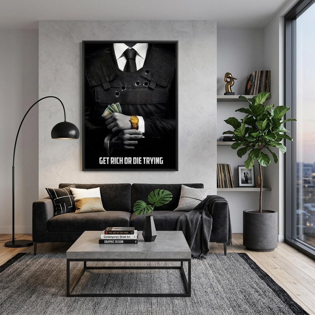 A man in a suit with money in his hands and a gold watch on his wrist with the inscription Motivational Canvas Wall Art Print