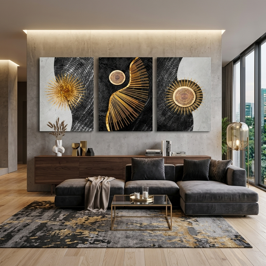 Modular geometric abstraction on a white and gray background Multi Panel Canvas Wall Art Print