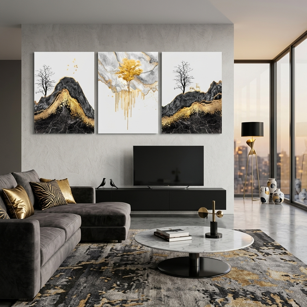Modular abstract with a strong golden colorMulti Panel Canvas Wall Art Print