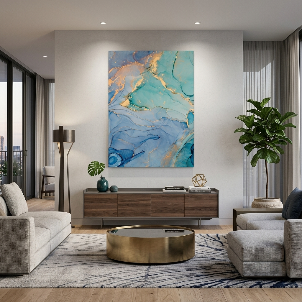 Turquoise with gold elements Abstraction Canvas Wall Art Print
