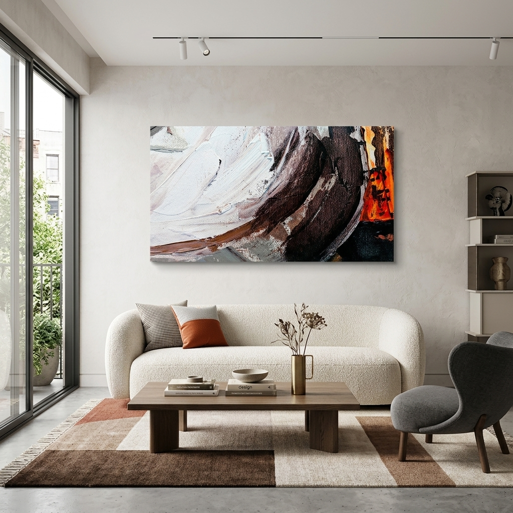 Horizontal abstract in orange, black brown and white colors Abstraction Canvas Wall Art Print