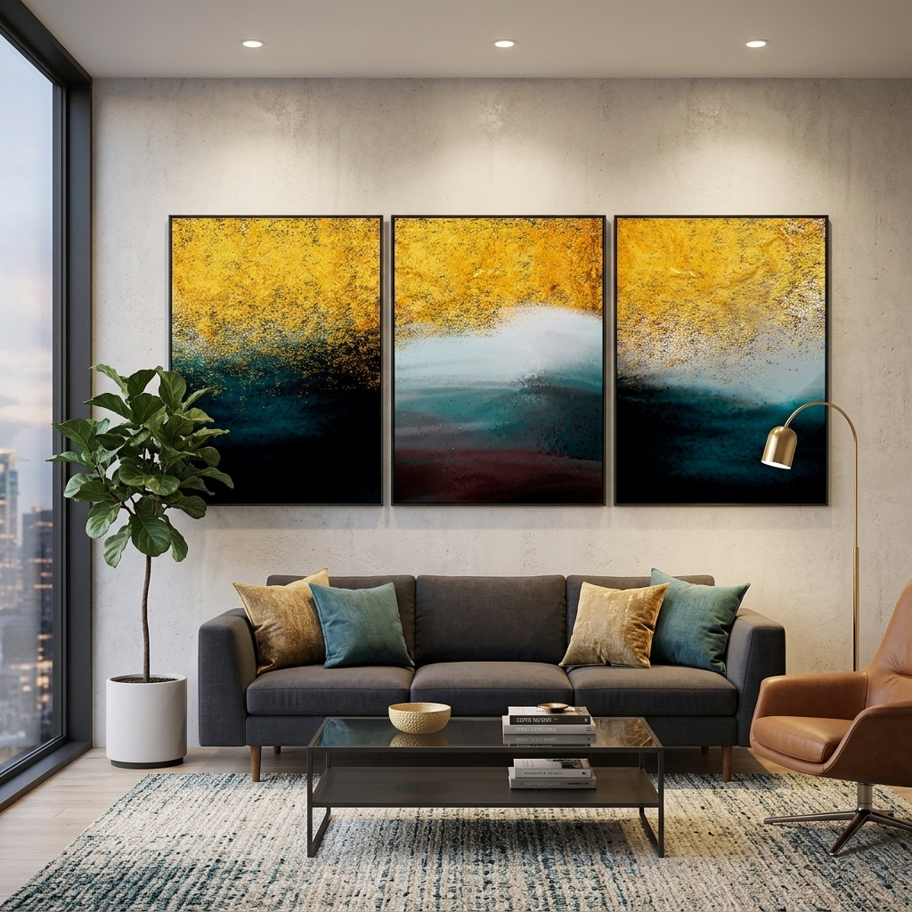 Modular of three pieces in gold white and dark colors Multi Panel Canvas Wall Art Print