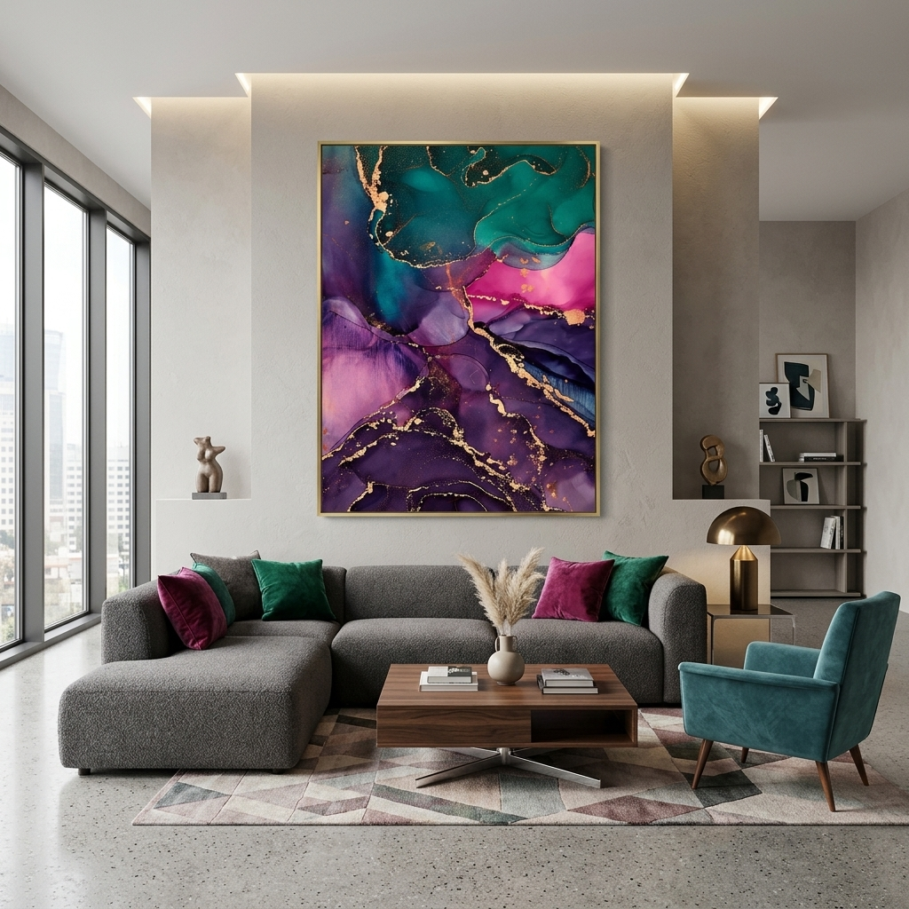 Green-purple with pink elements Abstraction Canvas Wall Art Print