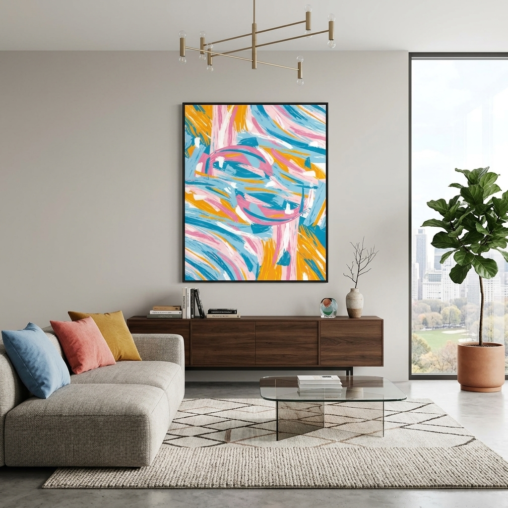 Orange pink and blue color line abstraction Abstraction Canvas Wall Art Print