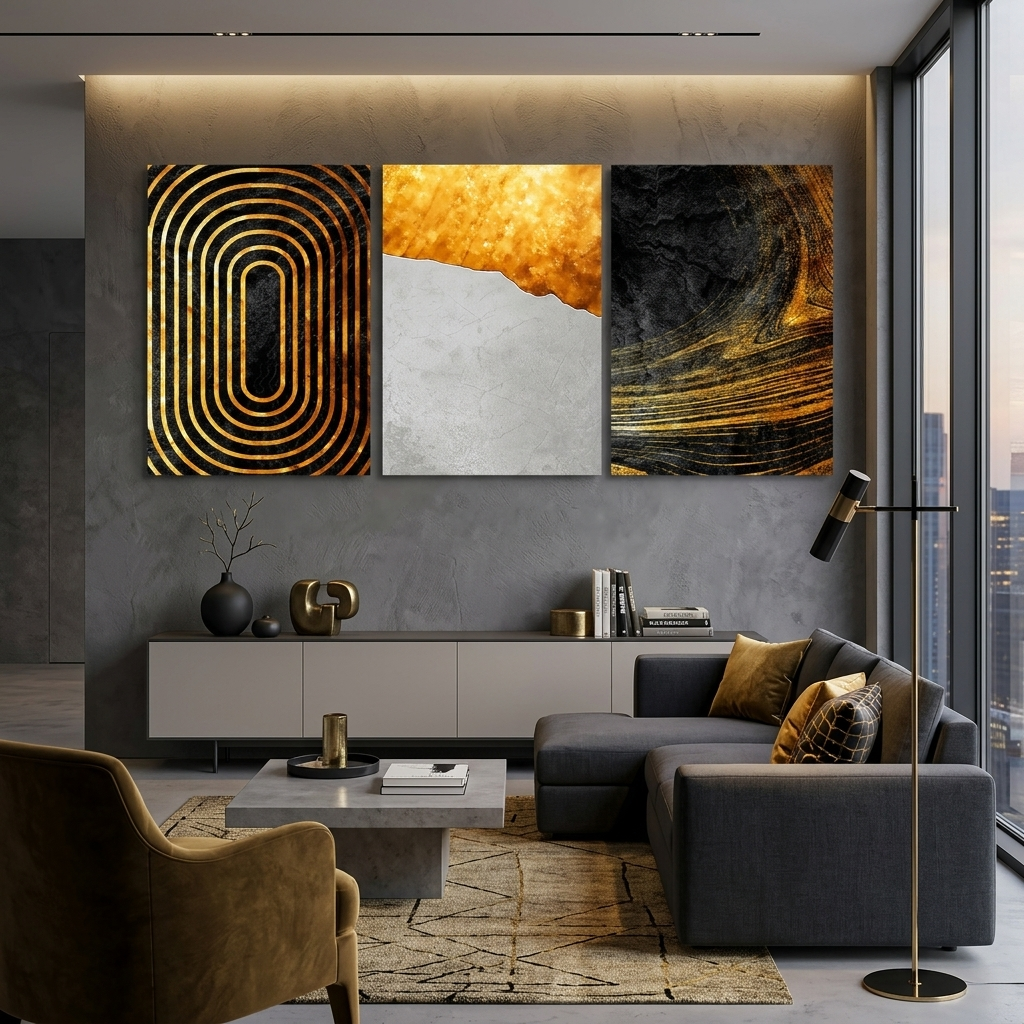 Modular black and gold with gray abstraction Multi Panel Canvas Wall Art Print