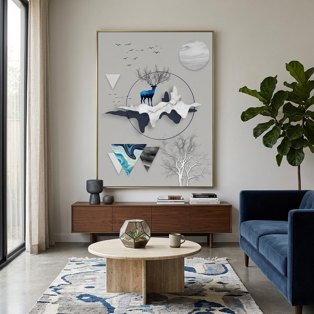 Geometric abstract black and blue deer, gray moon and gray tree Abstraction Canvas Wall Art Print
