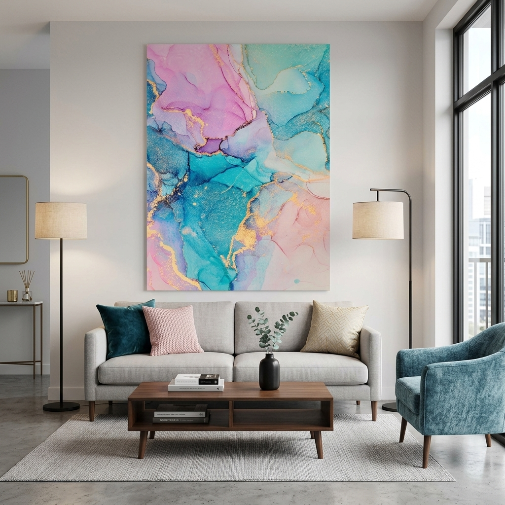 Gently turquoise with pink tones Abstraction Canvas Wall Art Print