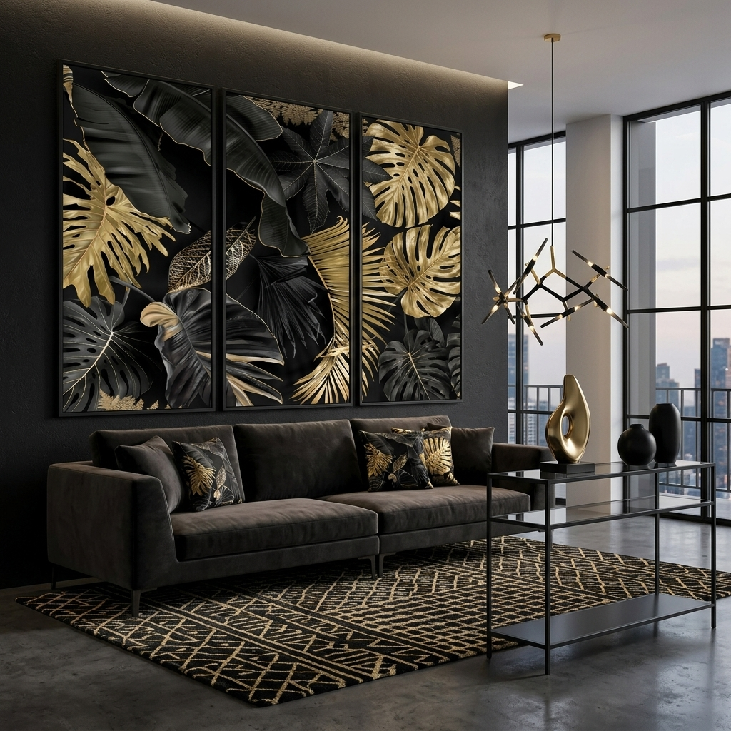 Light gray with dark gray tones and yellow elements Abstraction Canvas Wall Art Print