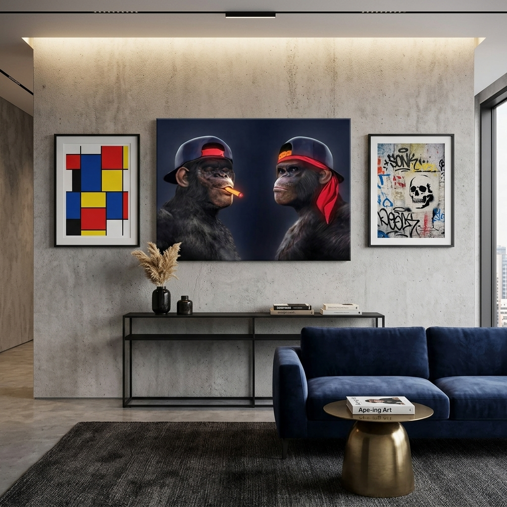 Two black gorillas with caps and one cigar Canvas Wall Art Print