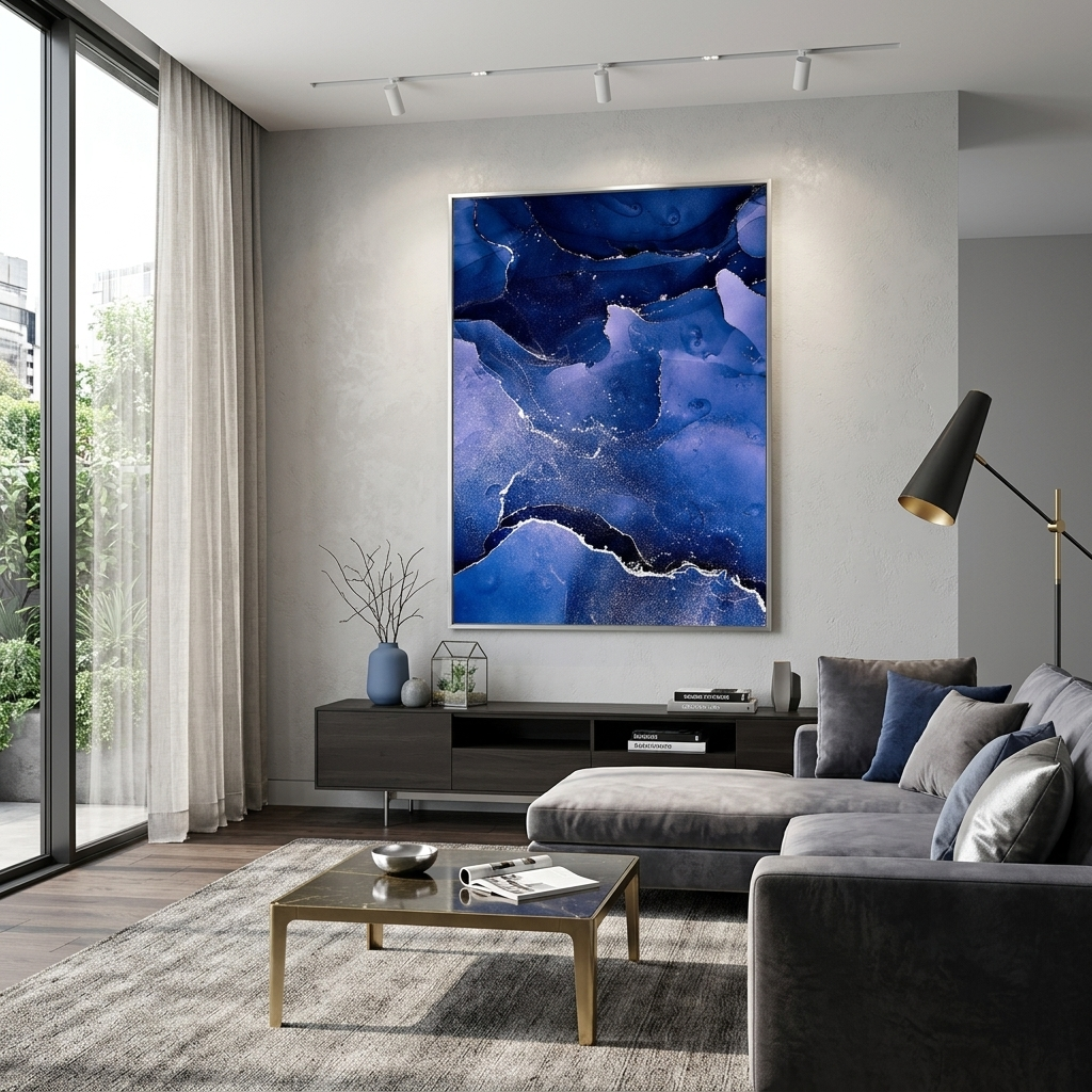 Blue abstract with white lines Abstraction Canvas Wall Art Print