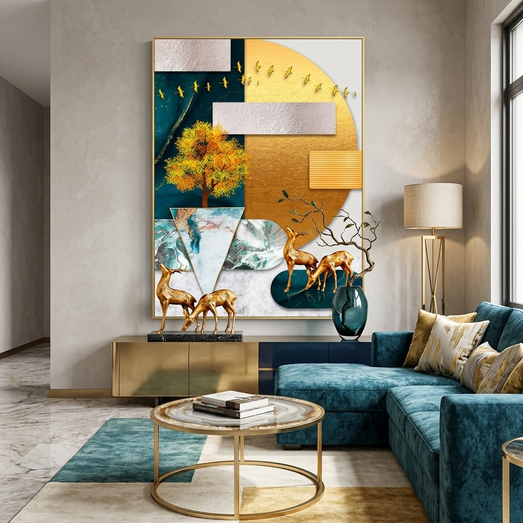 Geometric abstract two golden deer on the background of golden moon Abstraction Canvas Wall Art Print