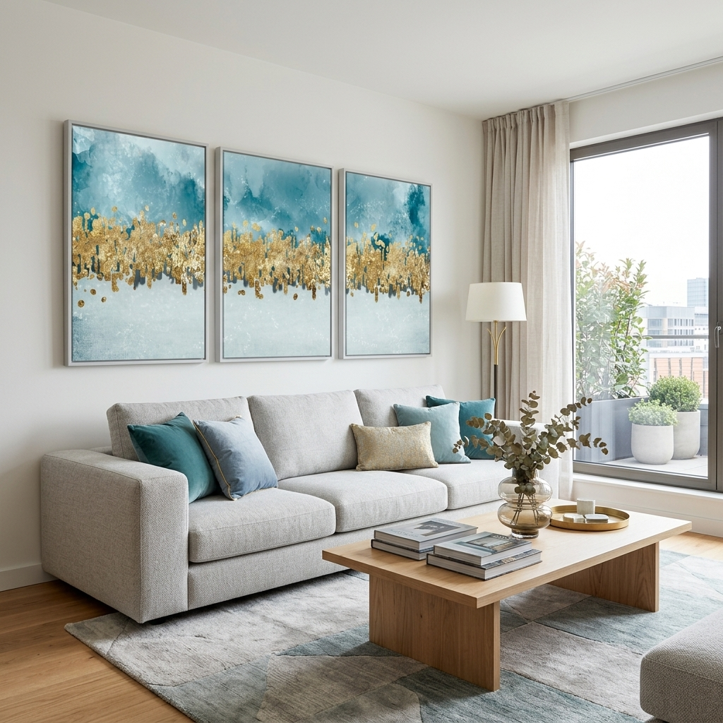 Modular blue-gray abstract with gold elements Multi Panel Canvas Wall Art Print