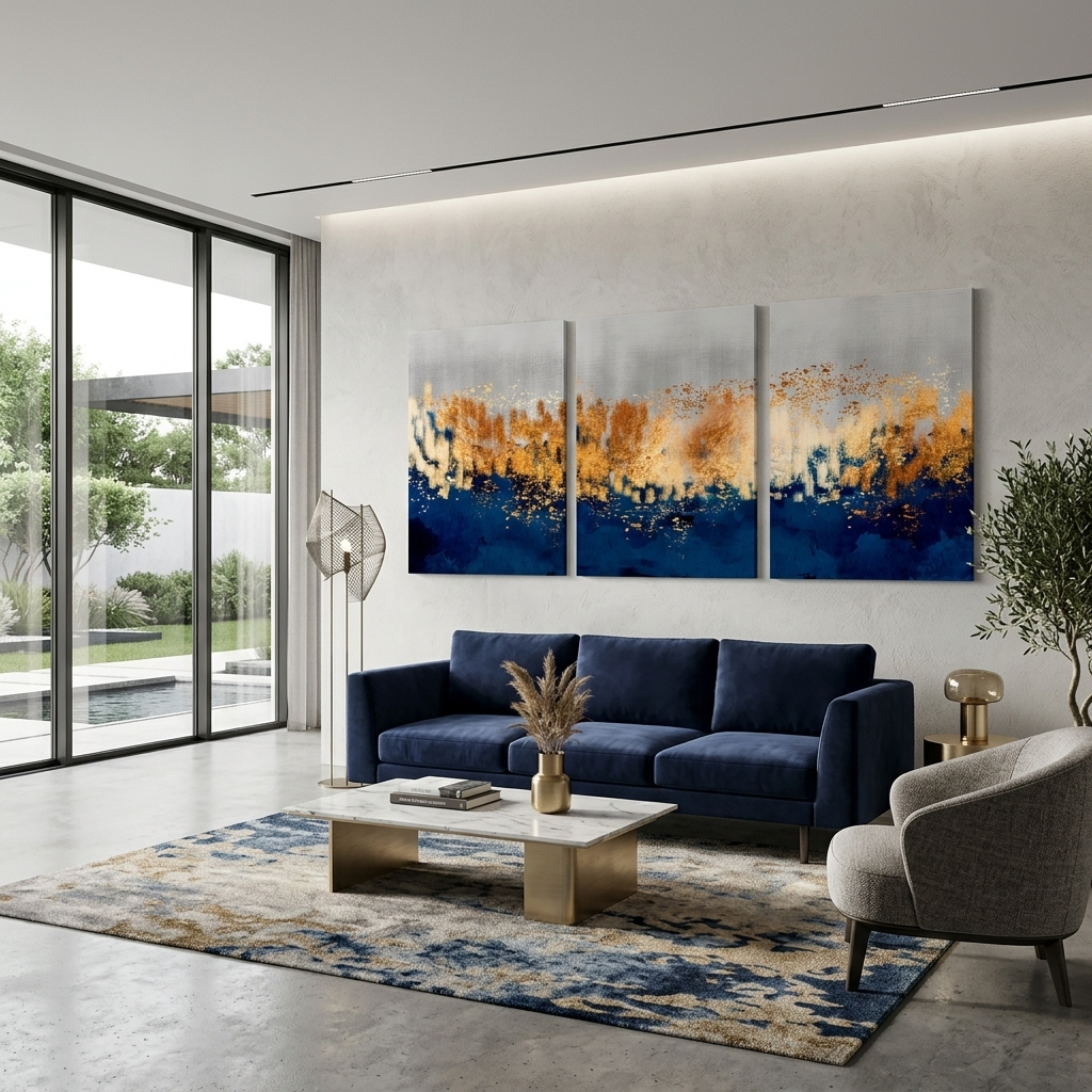 Modular gray-gold abstract with blue elements Multi Panel Canvas Wall Art Print