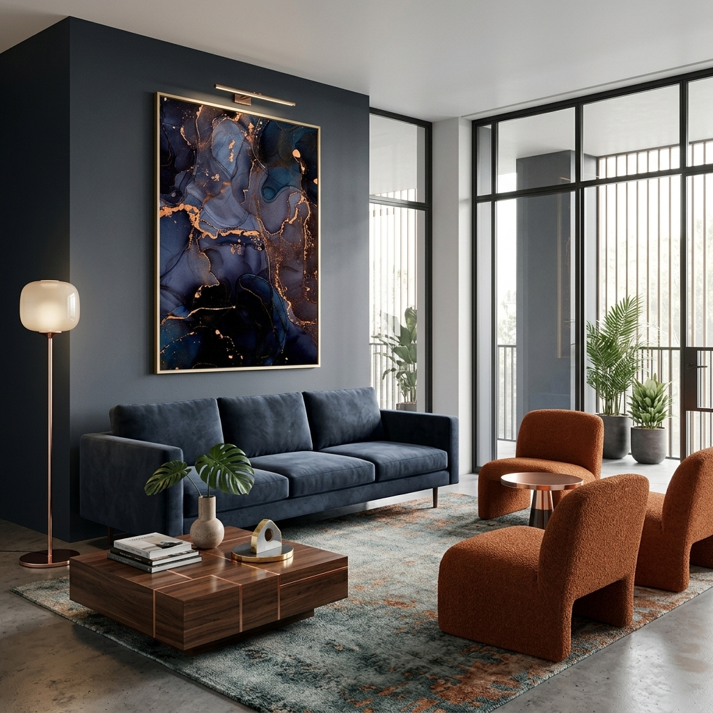 Dark blue abstract with gold elements Abstraction Canvas Wall Art Print