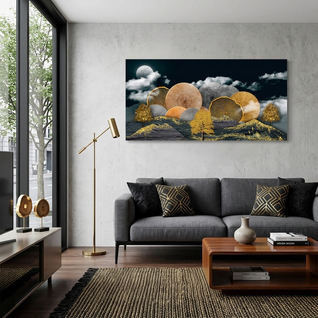 Mountain trees in gold and gray colors Abstraction Canvas Wall Art Print