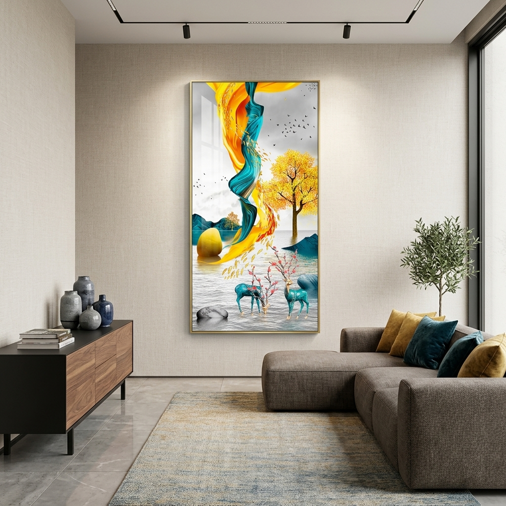 Two green deer with yellow and green details in the background Abstraction Canvas Wall Art Print