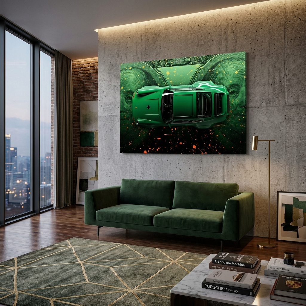 A Green Porsche against the backdrop of dollars Canvas Wall Art Print