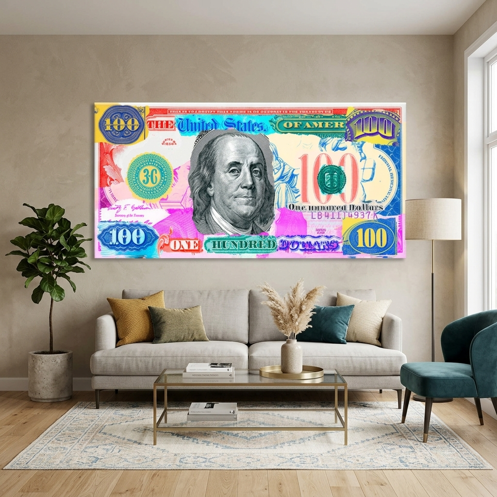 A multi-colored hundred dollar bill Inspirational Canvas Wall Art Print