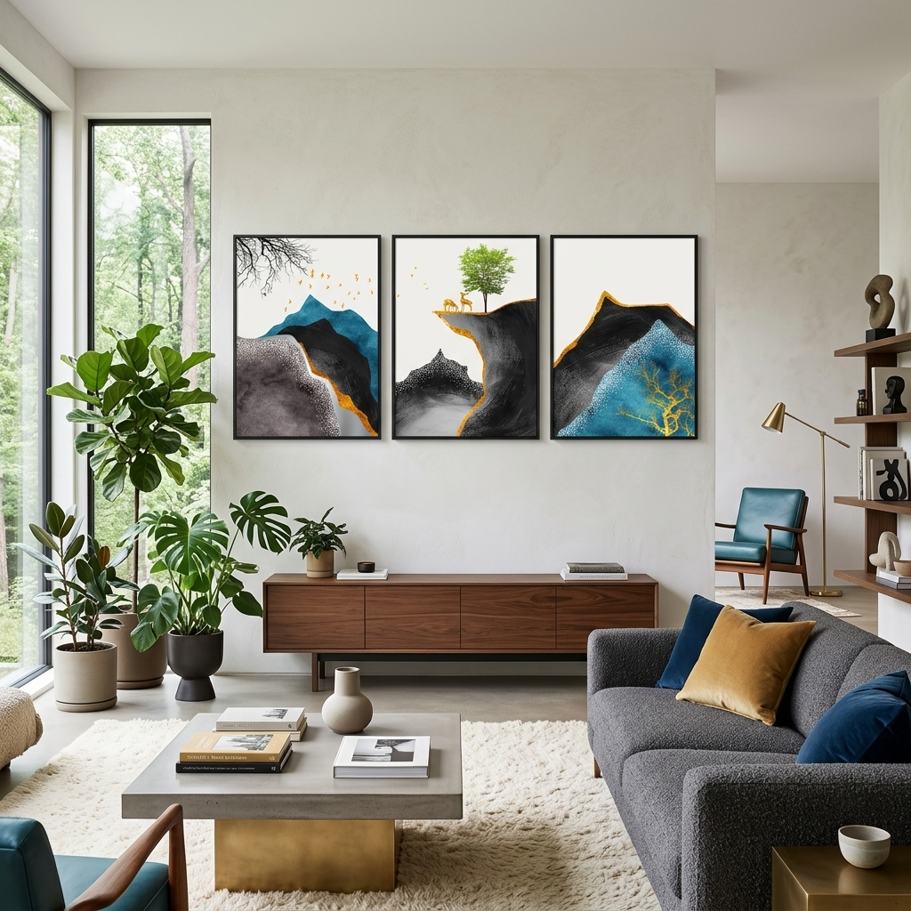 Modular abstract of deer in the mountains Multi Panel Canvas Wall Art Print