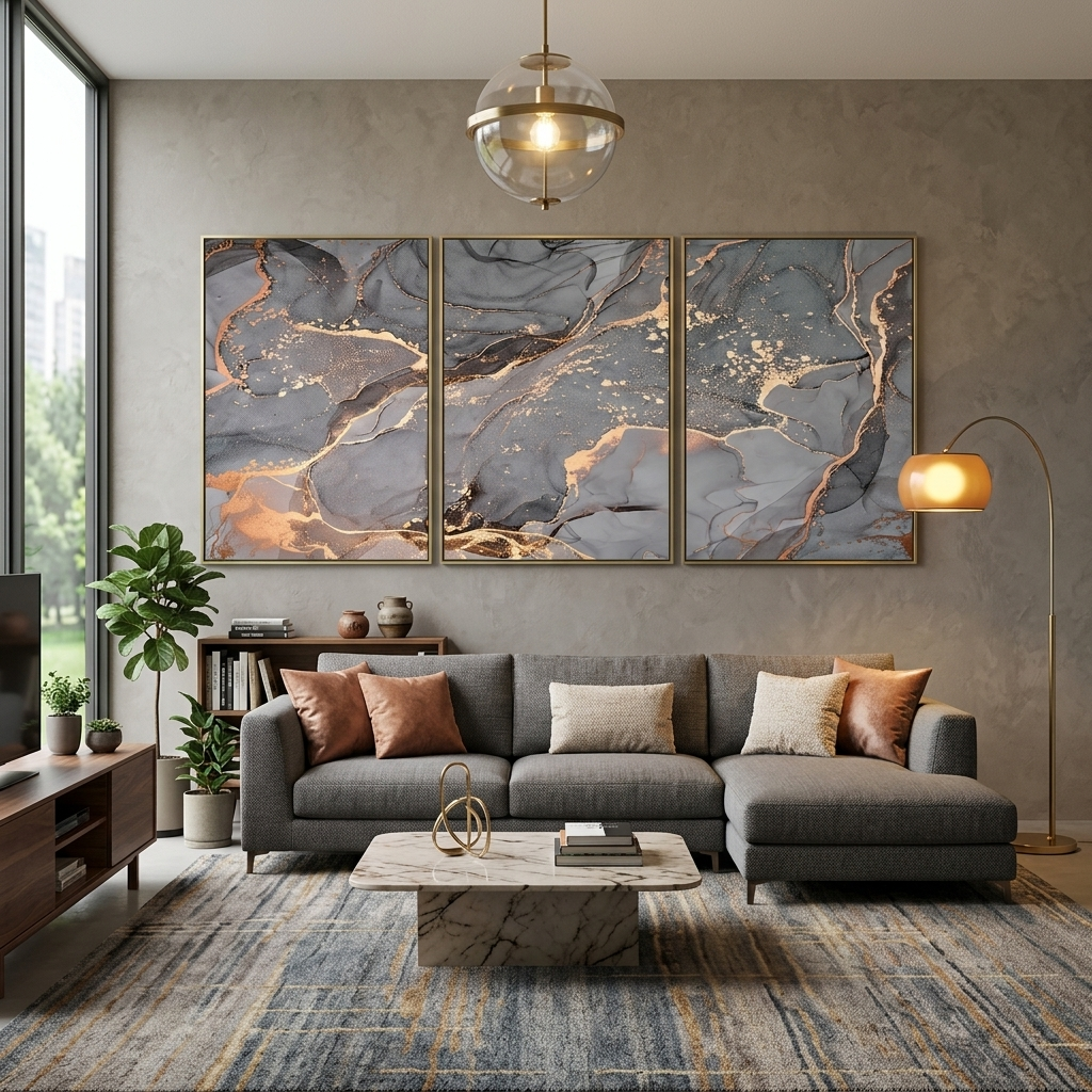 Modular gray-gold abstract Multi Panel Canvas Wall Art Print