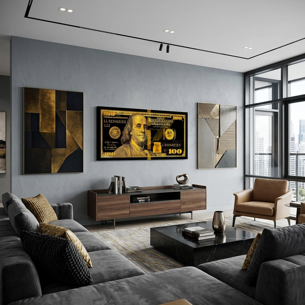 100 Dollar Bill Black And Gold Motivational Canvas Wall Art Print