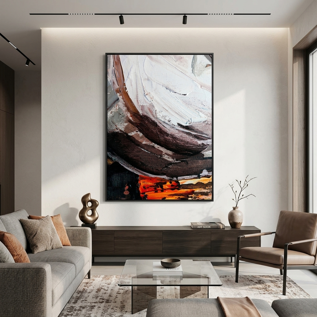 Vertical abstract in orange, black brown and white colors Abstraction Canvas Wall Art Print