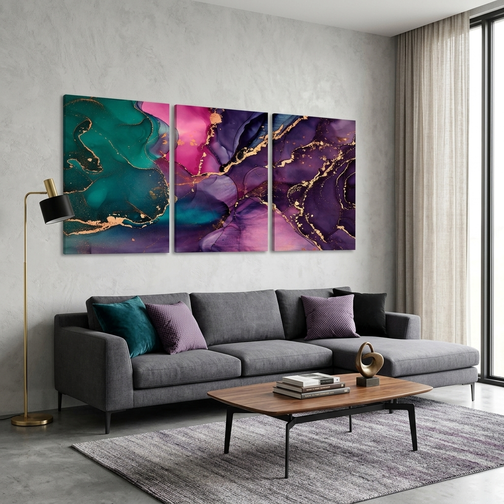 Modular purple and green abstract Multi Panel Canvas Wall Art Print