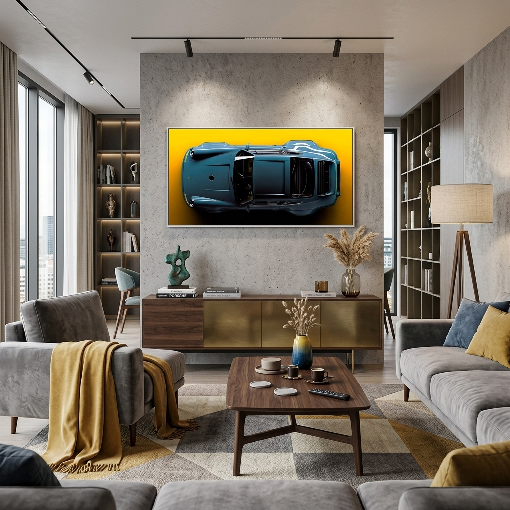 Porsche 911 blue Porsche car on yellow background Canvas  Wall Art Print