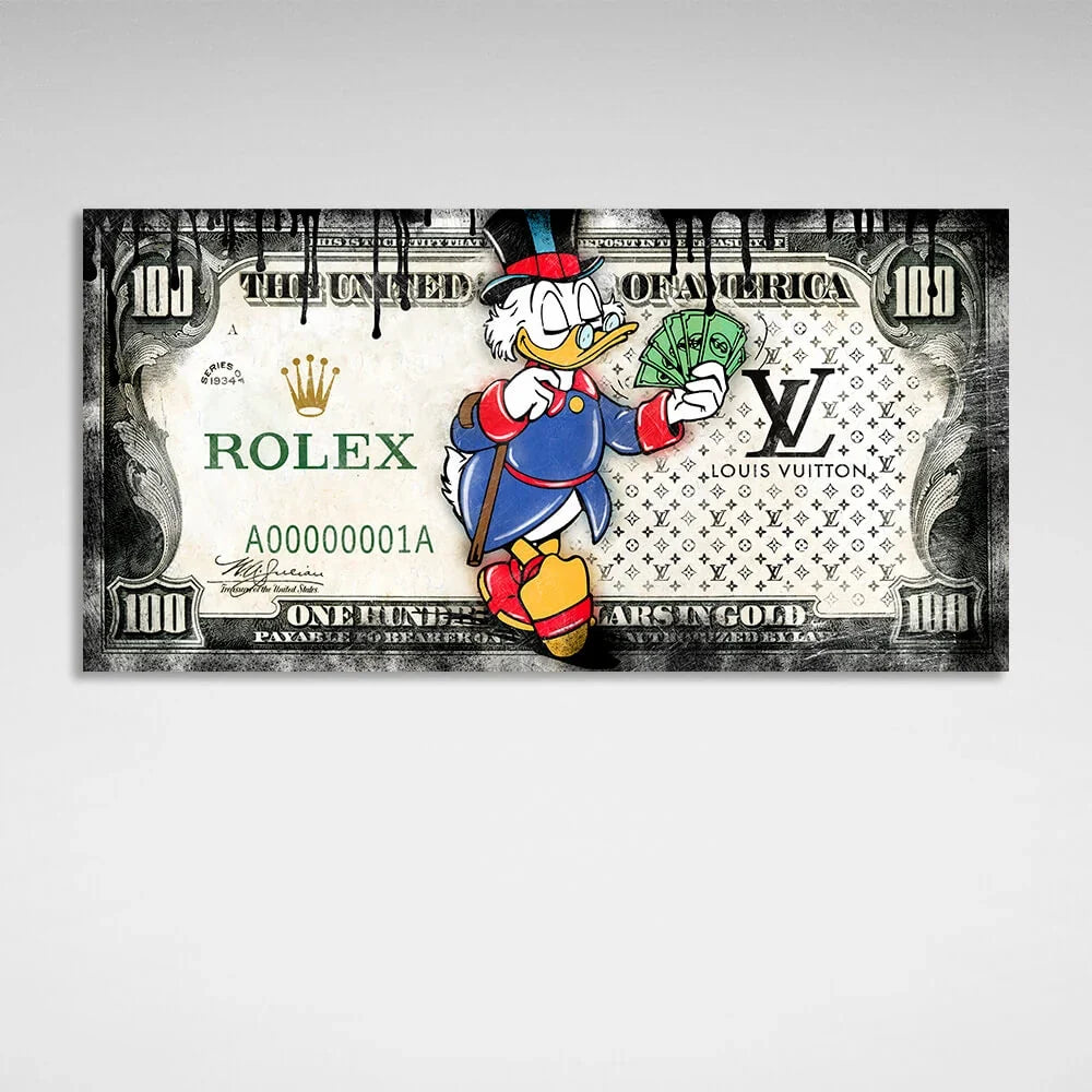 $100 Dollars Scrooge black and white Inspirational Canvas Wall Art Print