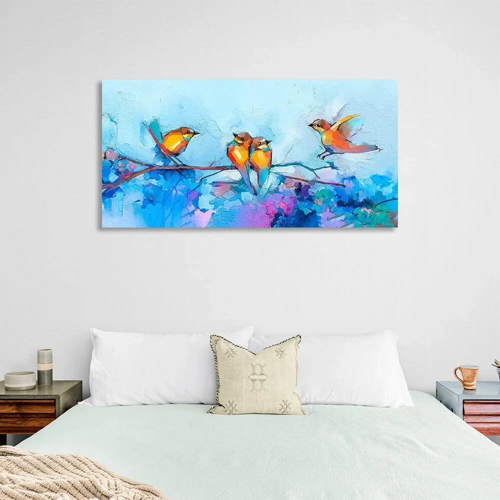 4 birds on blue background imitation oil painting canvas Wall Art Print