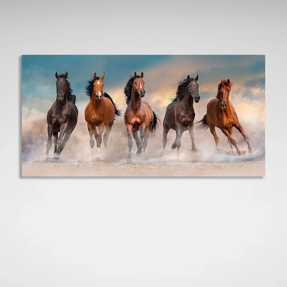 5 horses running through the desert against the blue sky Canvas Wall Art Print