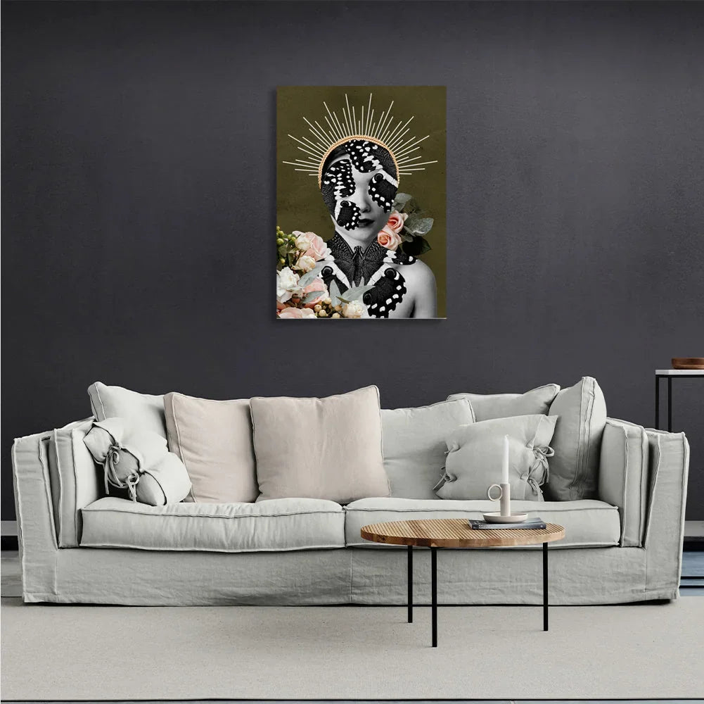 A girl with flowers and butterflies Canvas Wall Art Print