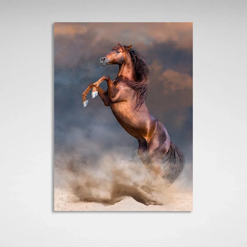 A sleek brown horse stands on two legs against a backdrop of storm clouds or just dark clouds Canvas Wall Art Print