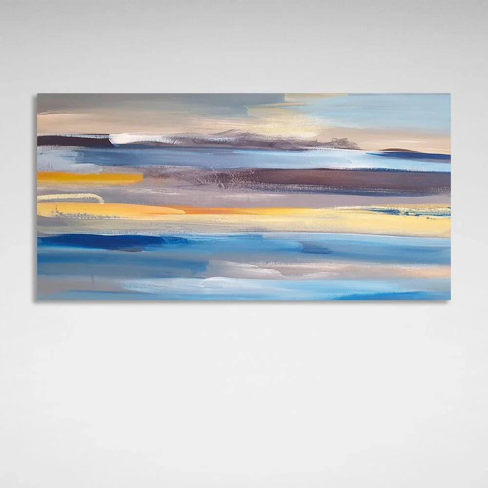Abstract horizontal brush strokes in blue, yellow and blue colors Abstraction Canvas Wall Art Print