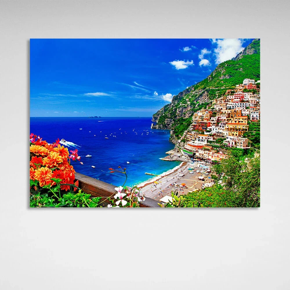 A town in the blue sea on a cliff Canvas Wall Art Print