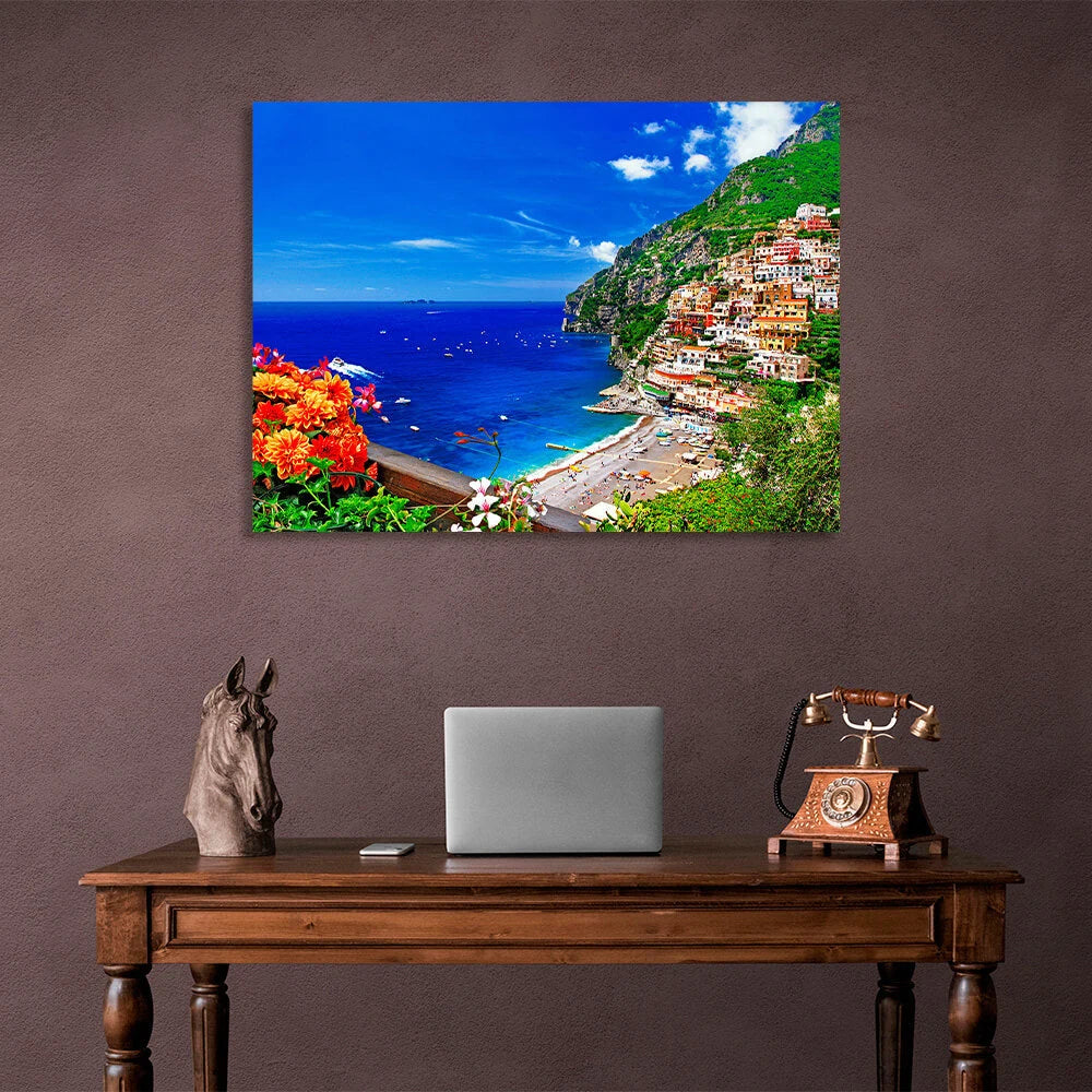 A town in the blue sea on a cliff Canvas Wall Art Print