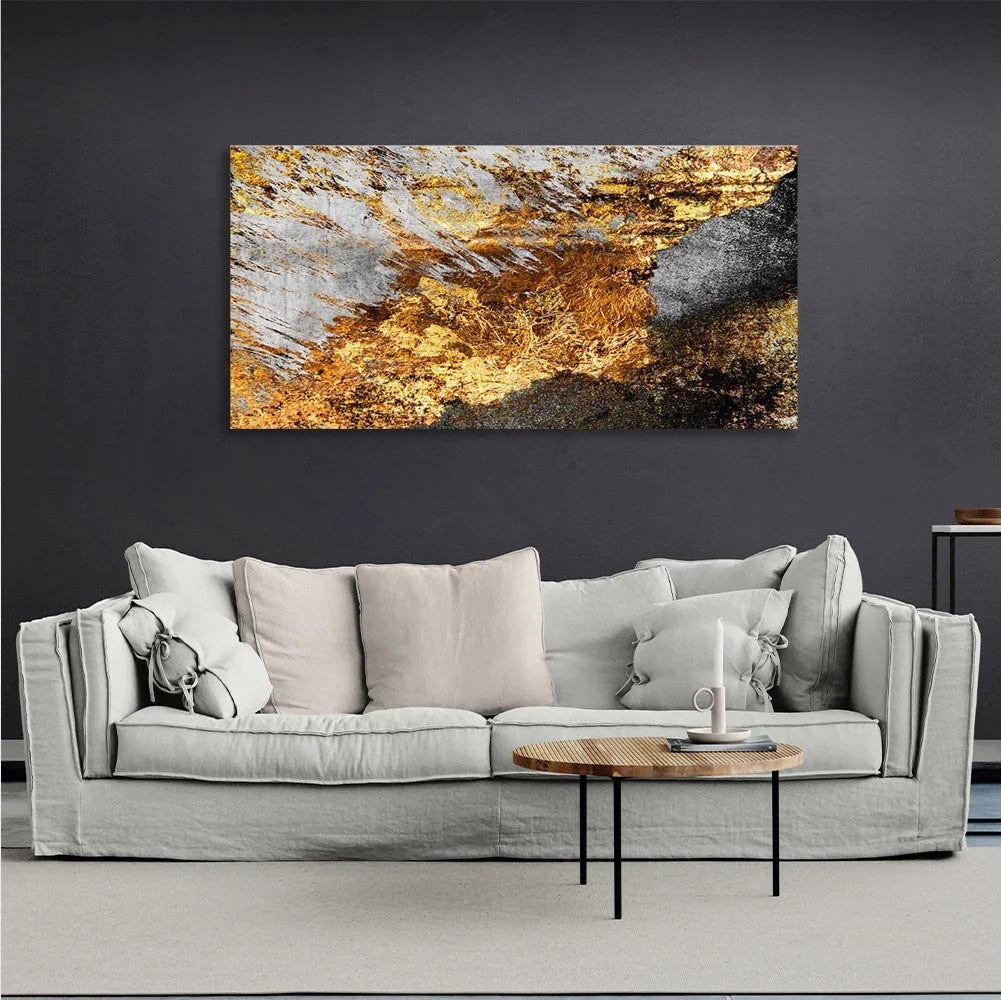 Abstraction grunge with gold black and white horizontal Abstraction Canvas Wall Art Print