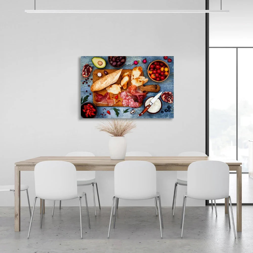 Baguette, sausage, tomato, avocado. Canvas Wall Art Print For Kitchen