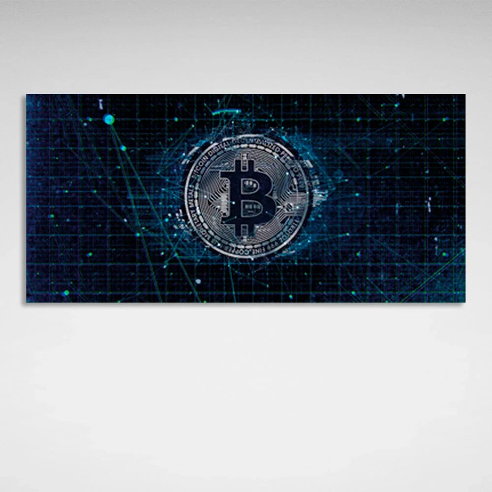 Bitcoin in silver color on dark blue background Inspirational Canvas Wall Art Print
