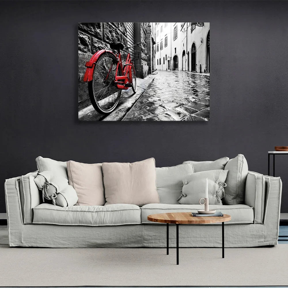 Black and white coloring of the street with a bright red bicycle Canvas Wall Art Print