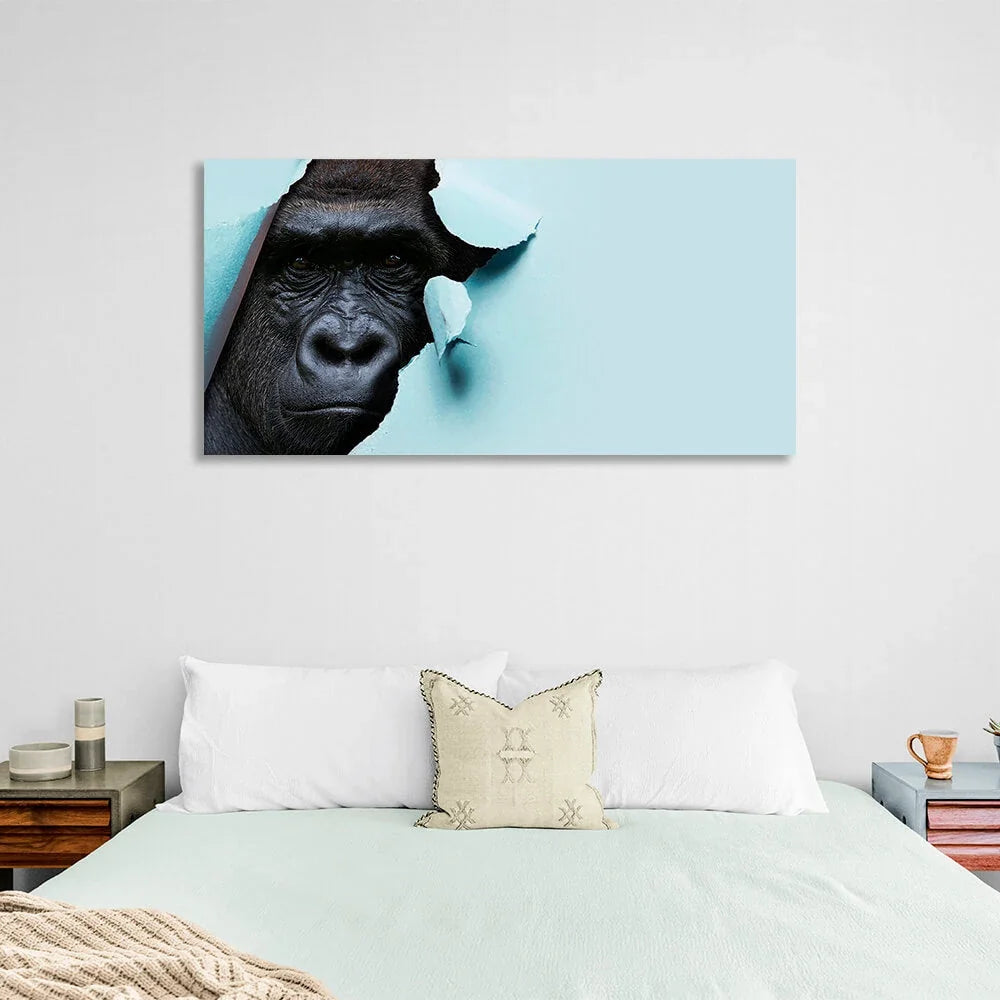 Black gorilla on a blue background Canvas Wall Art Print
