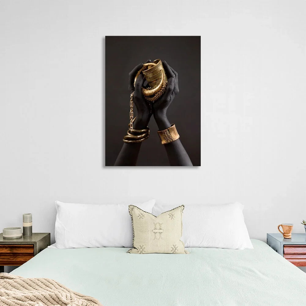 Black hands of a woman with gold jewelry Canvas Wall Art Print