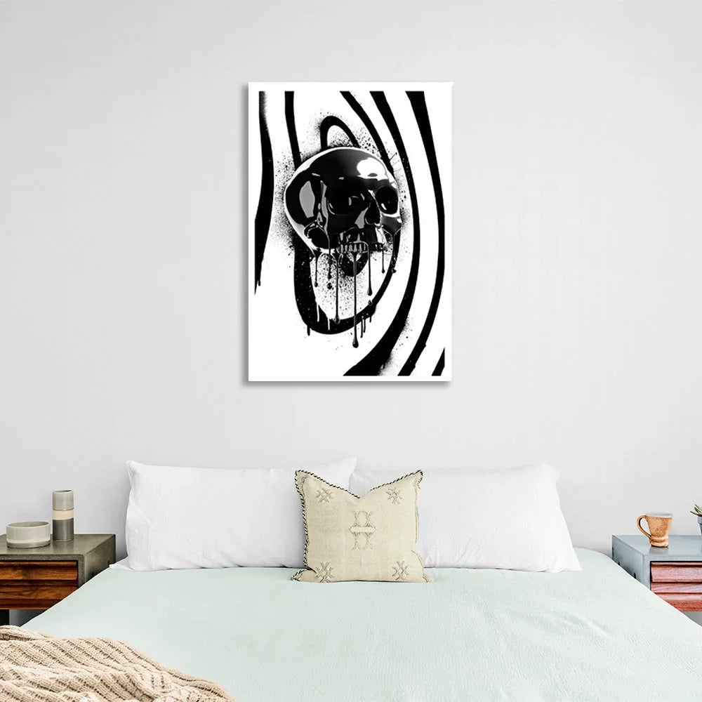 Black skull on a black and white background Canvas Wall Art Print