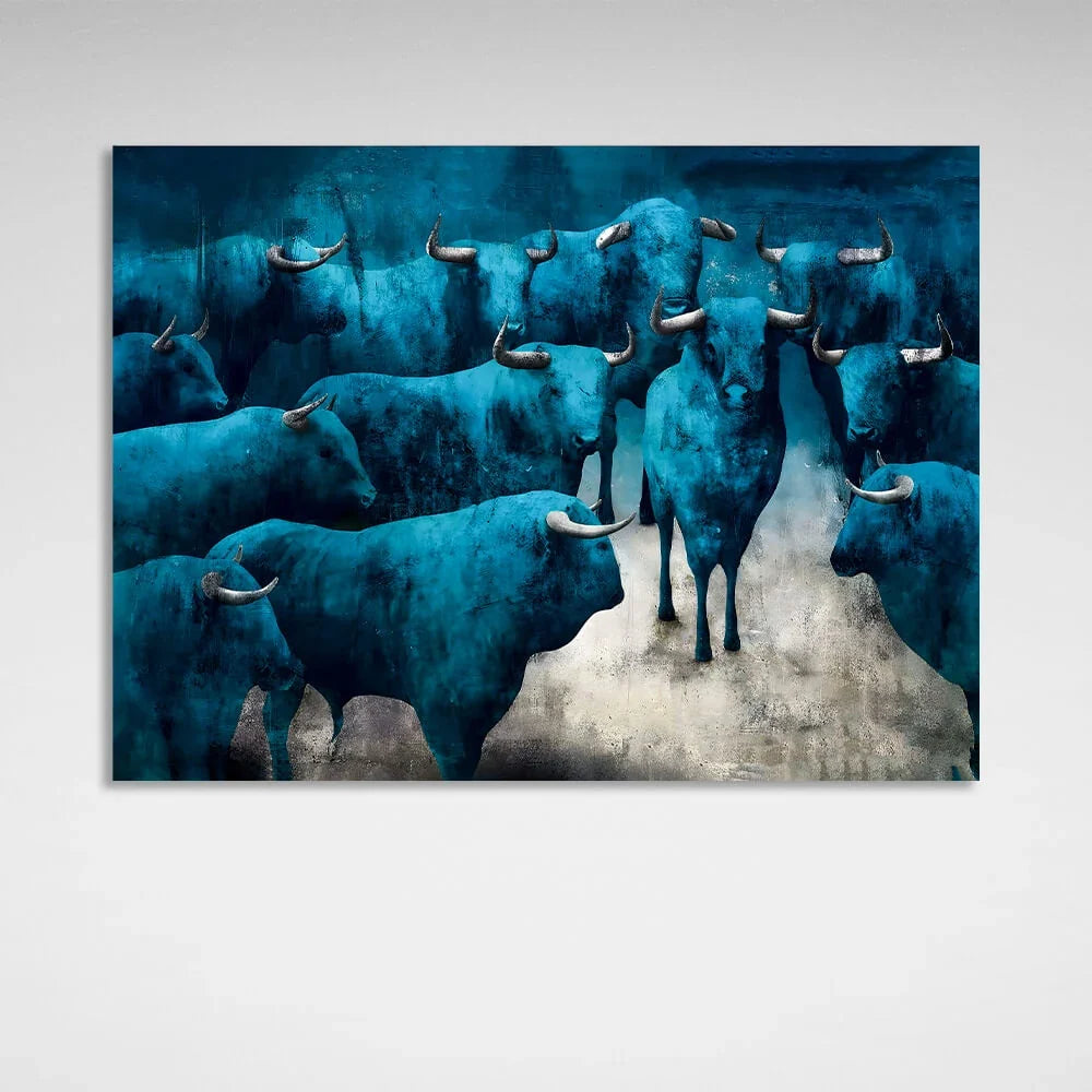 Blue bulls on a gray background Canvas Wall Art Print
