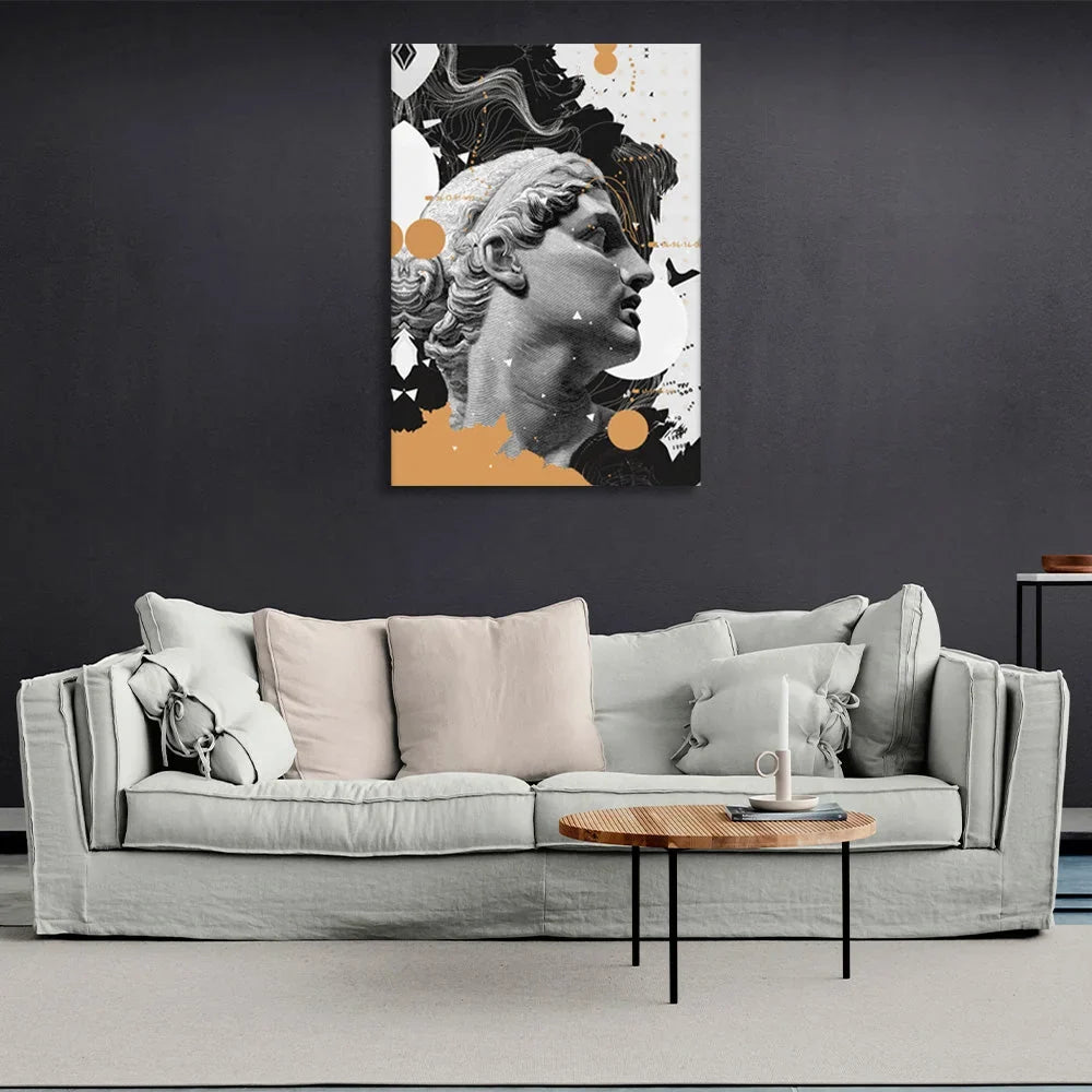 Bust sculpture on a black and white and brown background Canvas Wall Art Print