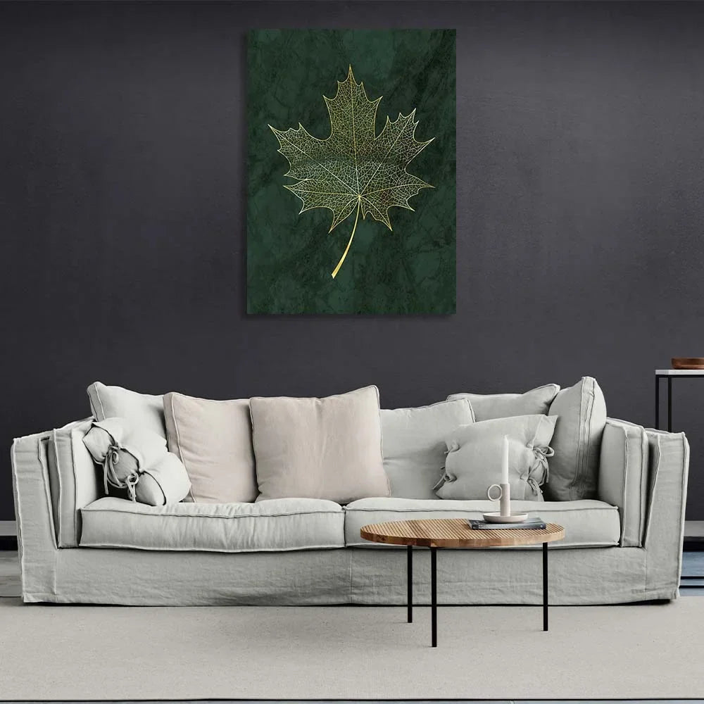Canvas Wall Art Print Golden maple leaf on dark green background