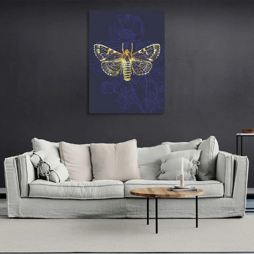 Canvas Wall Art Print Golden moth on dark blue background